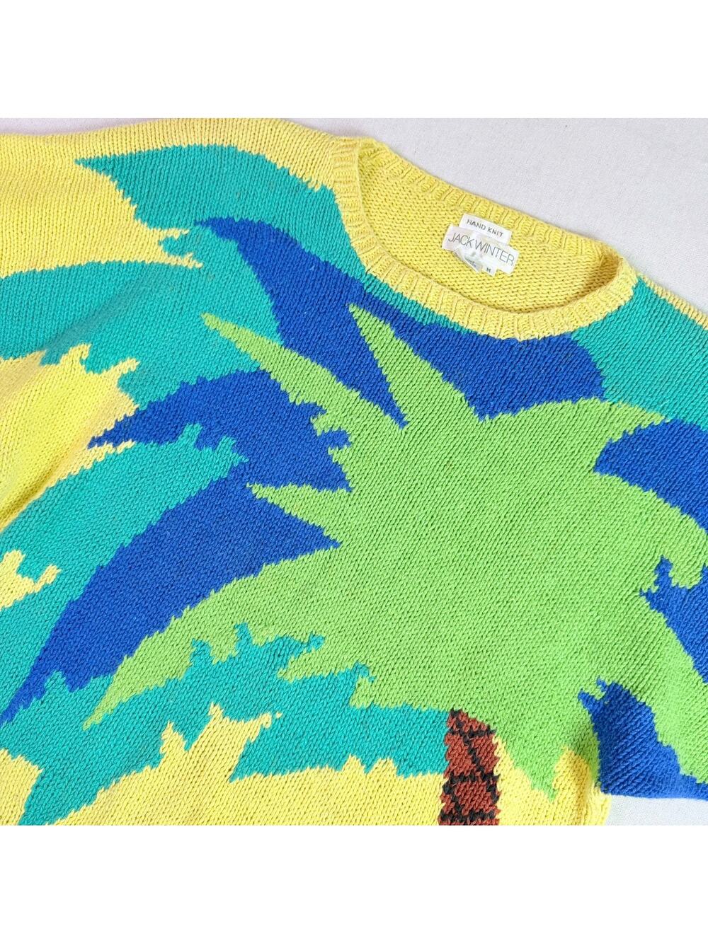 Vintage 80s Tropical Palm Tree Sweater Womens M Yellow Hand Knit Oversized Boxy